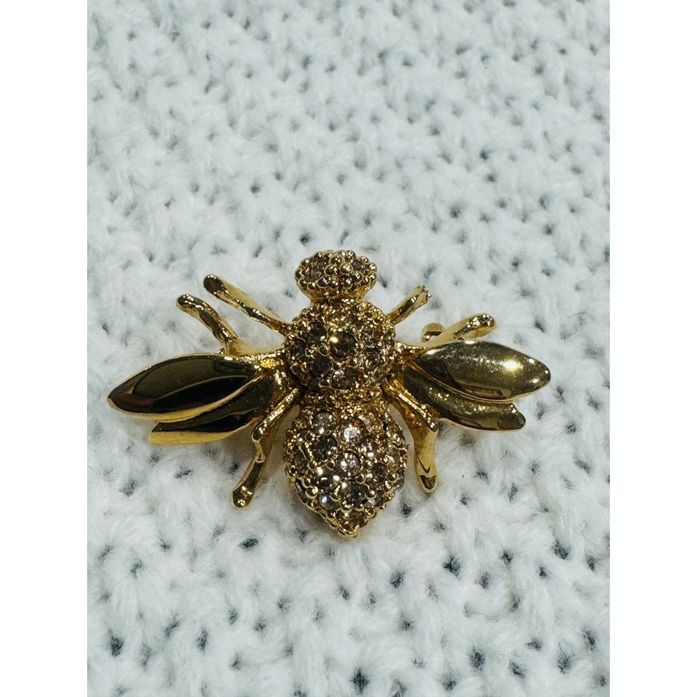 Gold Tone Bumble Bee Brooch Pin Clear Marquise Rhinestone Crystal